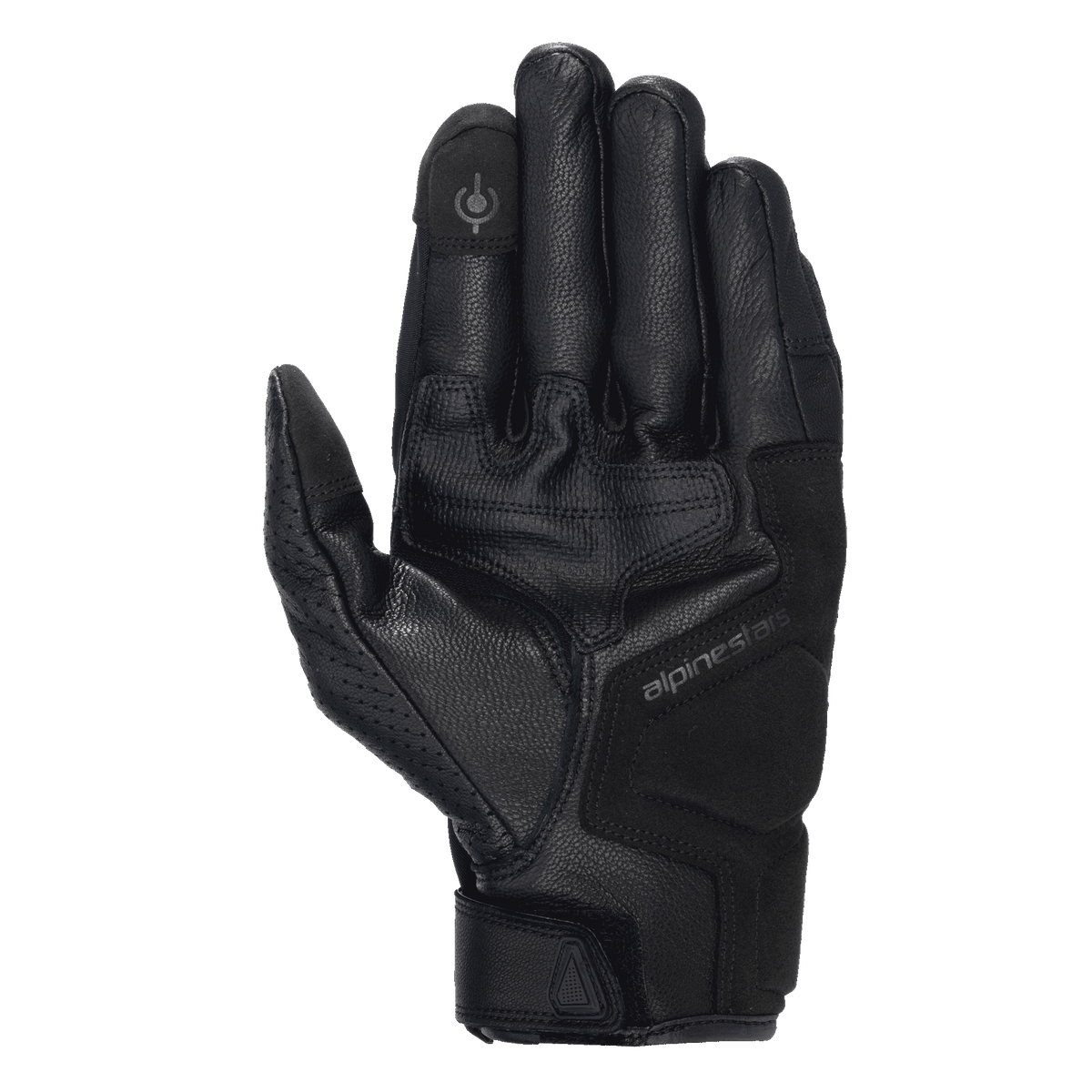 Guantes Alpinestars Celer V3, guantes de moto de cuero negro, vista de la palma que muestra el acolchado reforzado y la punta del dedo compatible con pantalla táctil, cuero de cabra duradero con marca Alpinestars sutil, equipamiento de carretera de puño corto