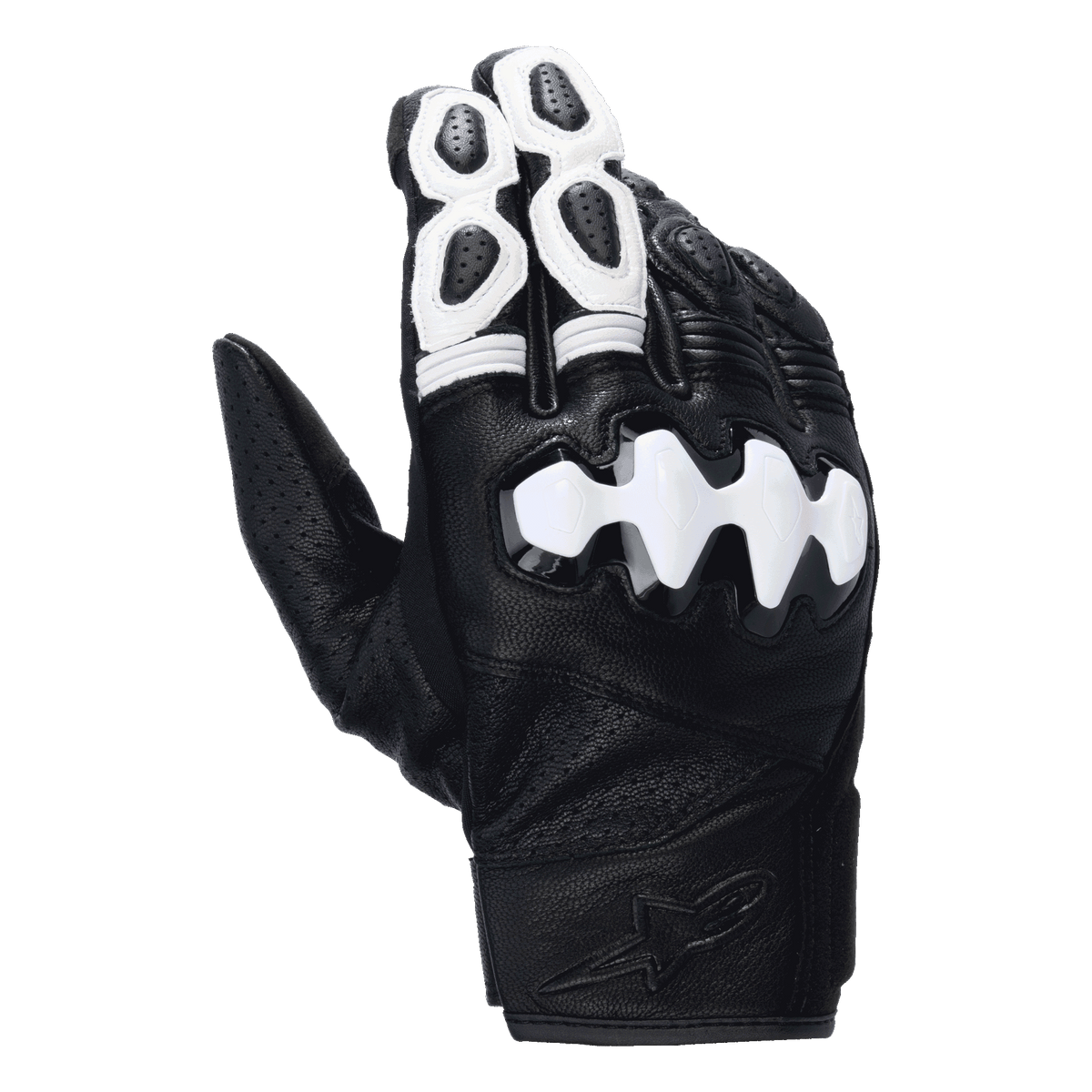 Alpinestars Celer V3, guantes de moto de puño corto, cuero de cabra negro y blanco con protección de nudillos segmentada.