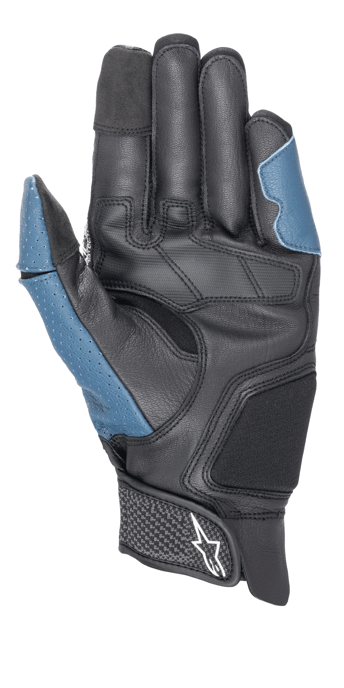 Guantes Alpinestars Morph Sport, vista de la palma, negro y azul sodalite, con palma de cuero reforzada, paneles azules perforados en el pulgar y el lateral exterior, puño corto con cierre de velcro y logotipo de Alpinestars, equipamiento de rendimiento para conducción deportiva y en carretera