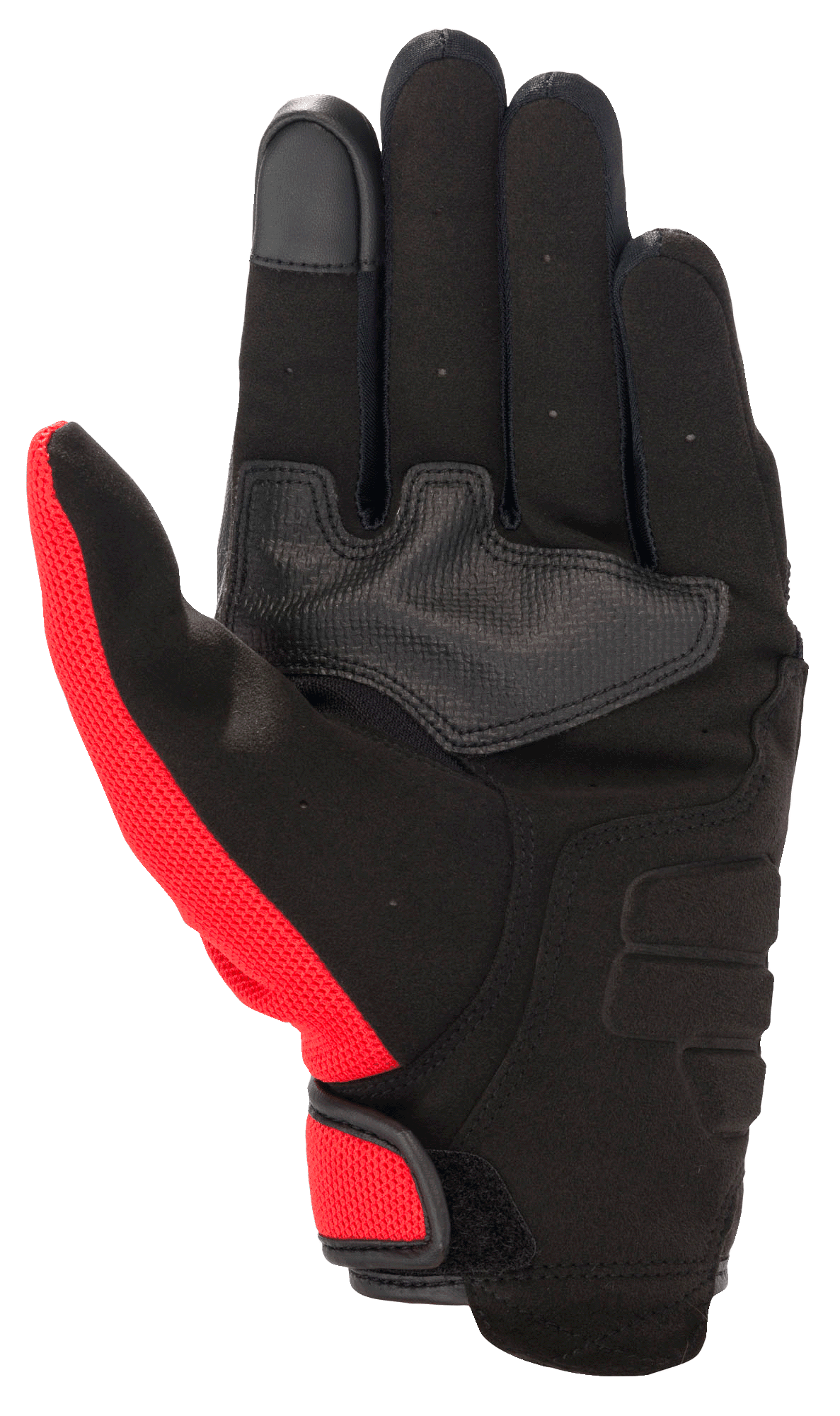 Guante Alpinestars Honda Copper, guante de moto urbano, negro con detalles en rojo brillante, vista de la palma que muestra el material de ante sintético, parche de refuerzo en la palma, punta del dedo compatible con pantallas táctiles y cierre de gancho y bucle.