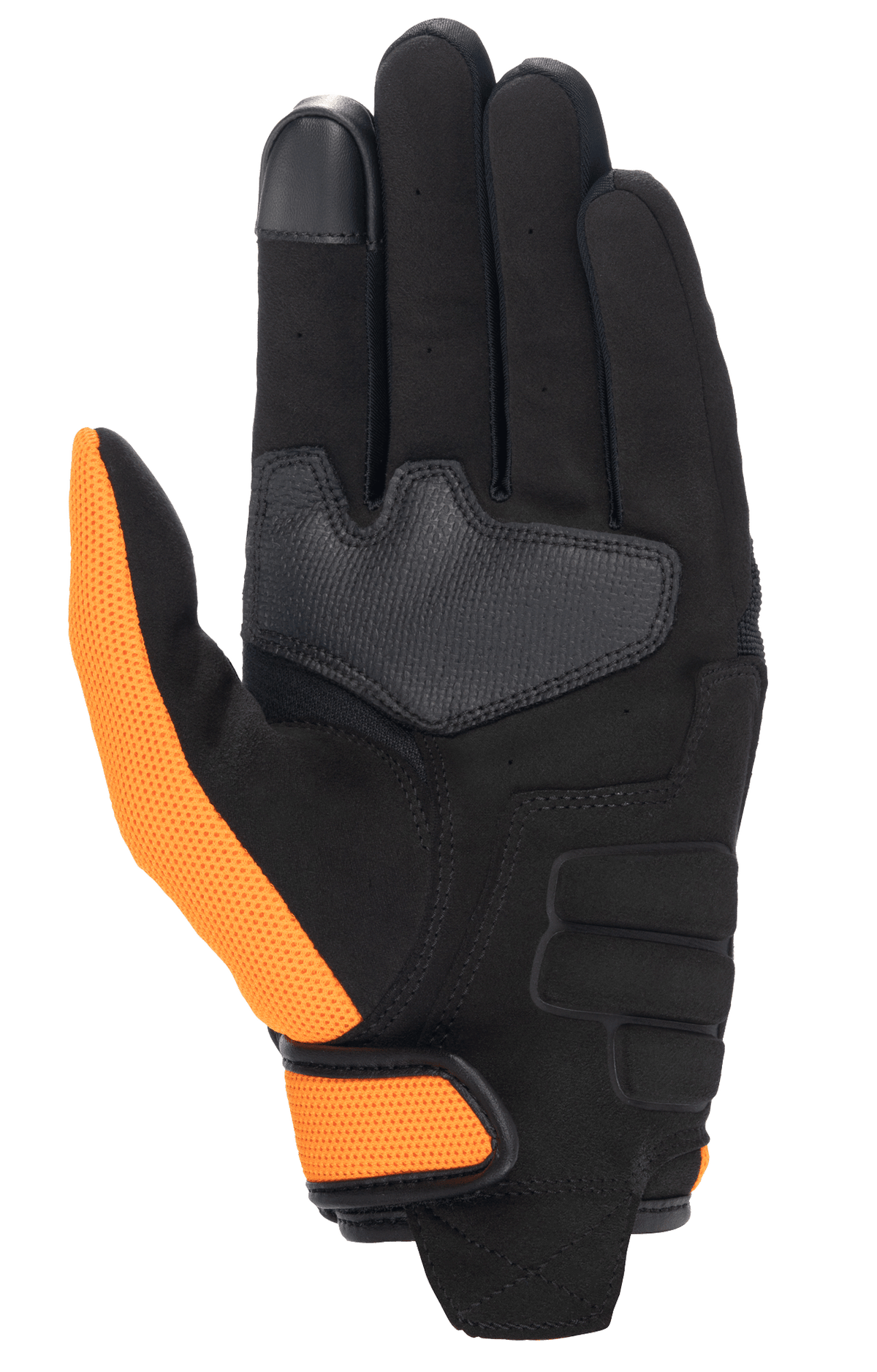 Guante Honda Copper, guante de moto, negro y naranja, vista de la palma con palma de ante sintético, pulgar y correa de muñeca en malla naranja, y punta del dedo índice compatible con pantallas táctiles