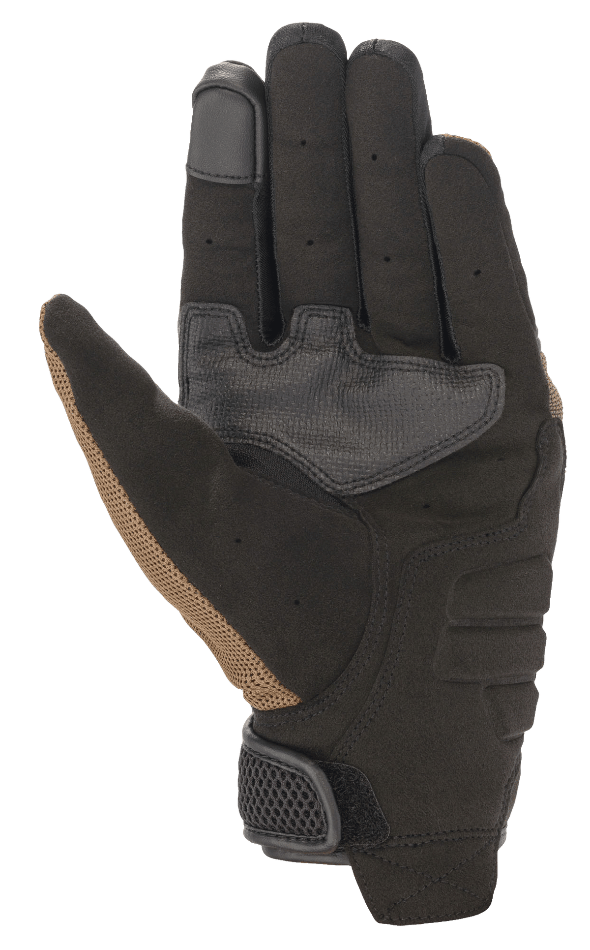 Guantes Alpinestars Copper, guantes de moto urbanos, color teka y negro, vista de la palma con construcción de ante sintético, paneles de agarre reforzados, punta del dedo compatible con pantallas táctiles y detalles perforados en los dedos