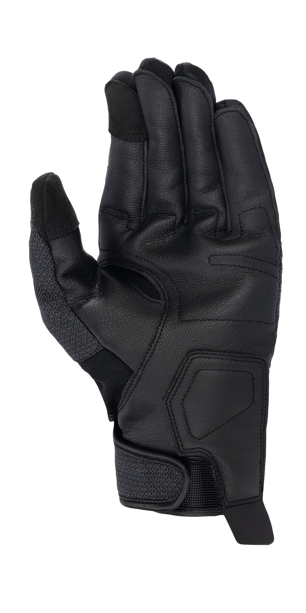 Guantes Alpinestars Morph Street, negros, vista de la palma de un guante de moto de puño corto que muestra la palma de cuero texturizado, puntas de los dedos compatibles con pantallas táctiles y cierre de muñeca ajustable, equipamiento para conducción urbana