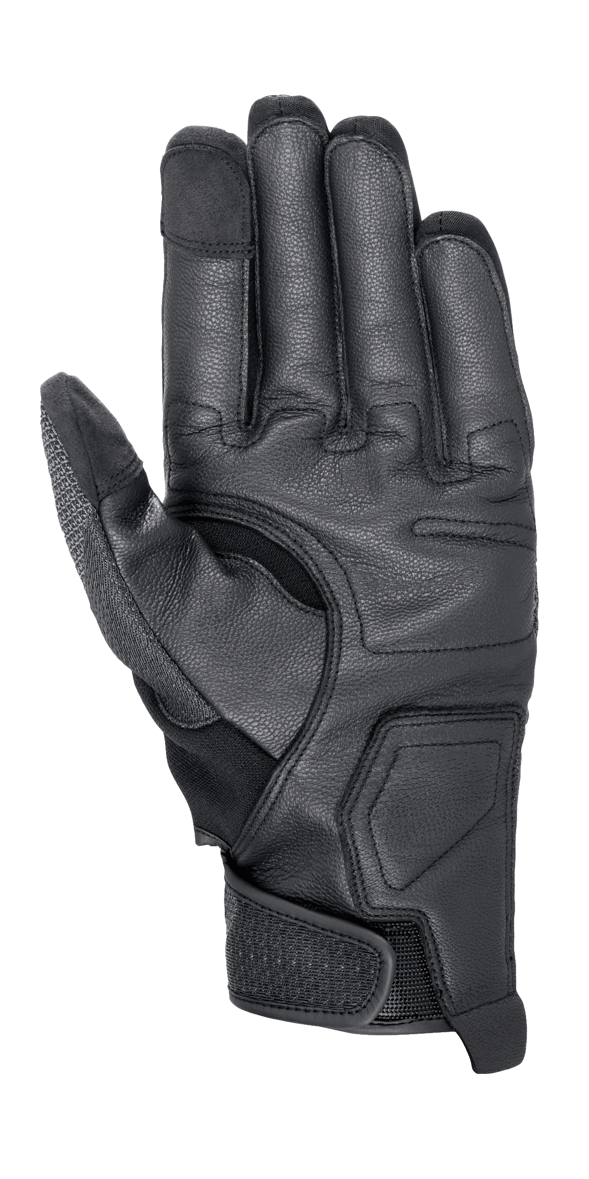 Guantes Alpinestars Morph Street, guantes de moto, negro, vista de la palma con paneles protectores reforzados, puntas de los dedos compatibles con pantalla táctil y correa ajustable en la muñeca para un ajuste seguro