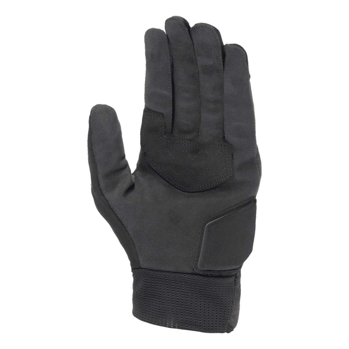 Guantes Alpinestars Stated Air, negros, vista de la palma con textura de gamuza sintética suave, palma reforzada con costuras en zigzag para agarre, protección acolchada en la base y puño elástico acanalado