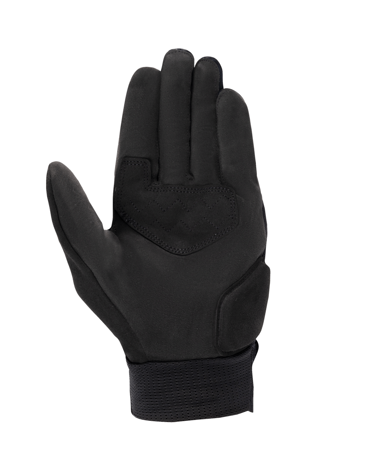 Guantes Alpinestars Stated Air, guantes de moto negros, vista de la palma con construcción de gamuza sintética, parche reforzado en la palma con costuras en zigzag y puño elástico acanalado, equipo de conducción urbana de verano
