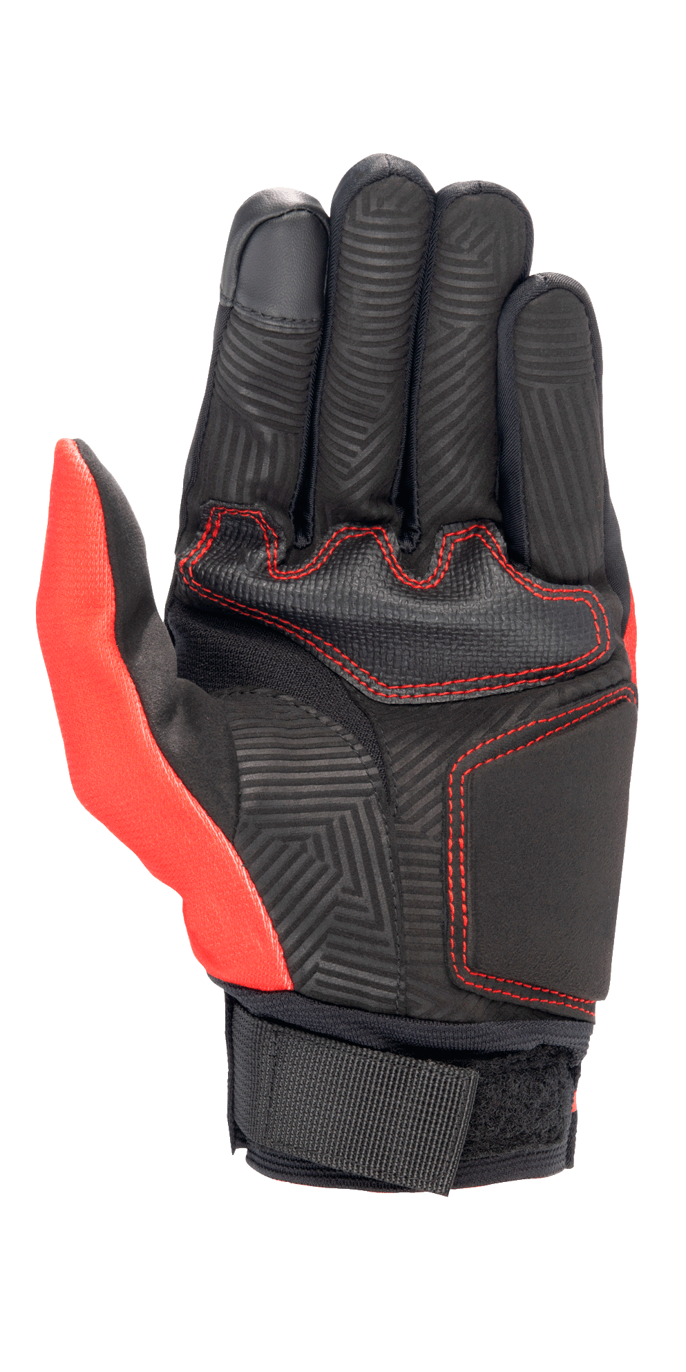 Alpinestars Aragon Glove in Bright Red and Black, palm view showing synthetic suede construction, red contrast stitching, maze-patterned heat stamp on fingers and palm, and a black webbing wrist strap.