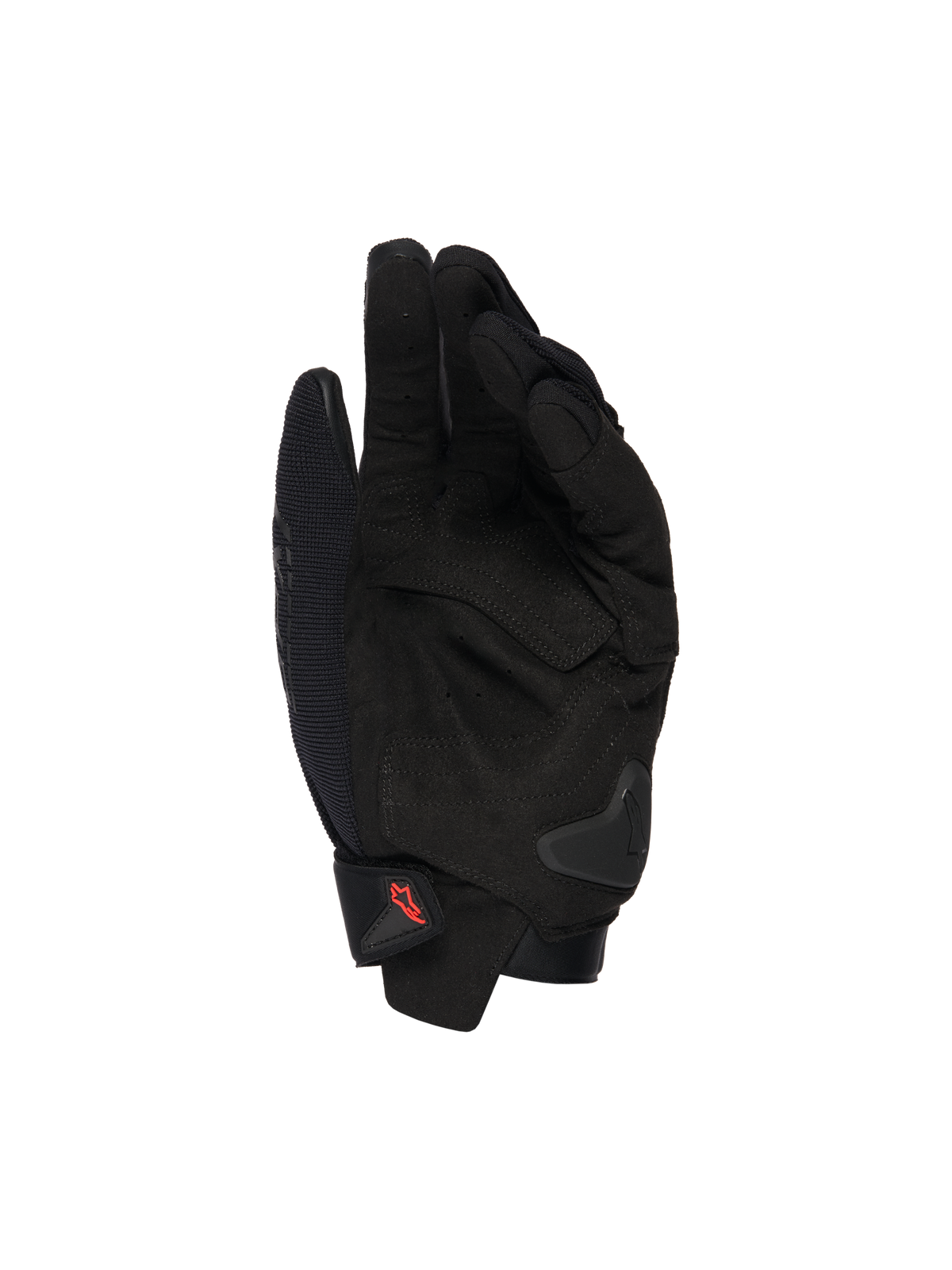 Alpinestars SP X 1 Gloves, Black motorcycle gloves, palm view showing synthetic leather overlays, reinforced strike zones, TPR palm slider, short cuff closure with red logo, sport riding protection