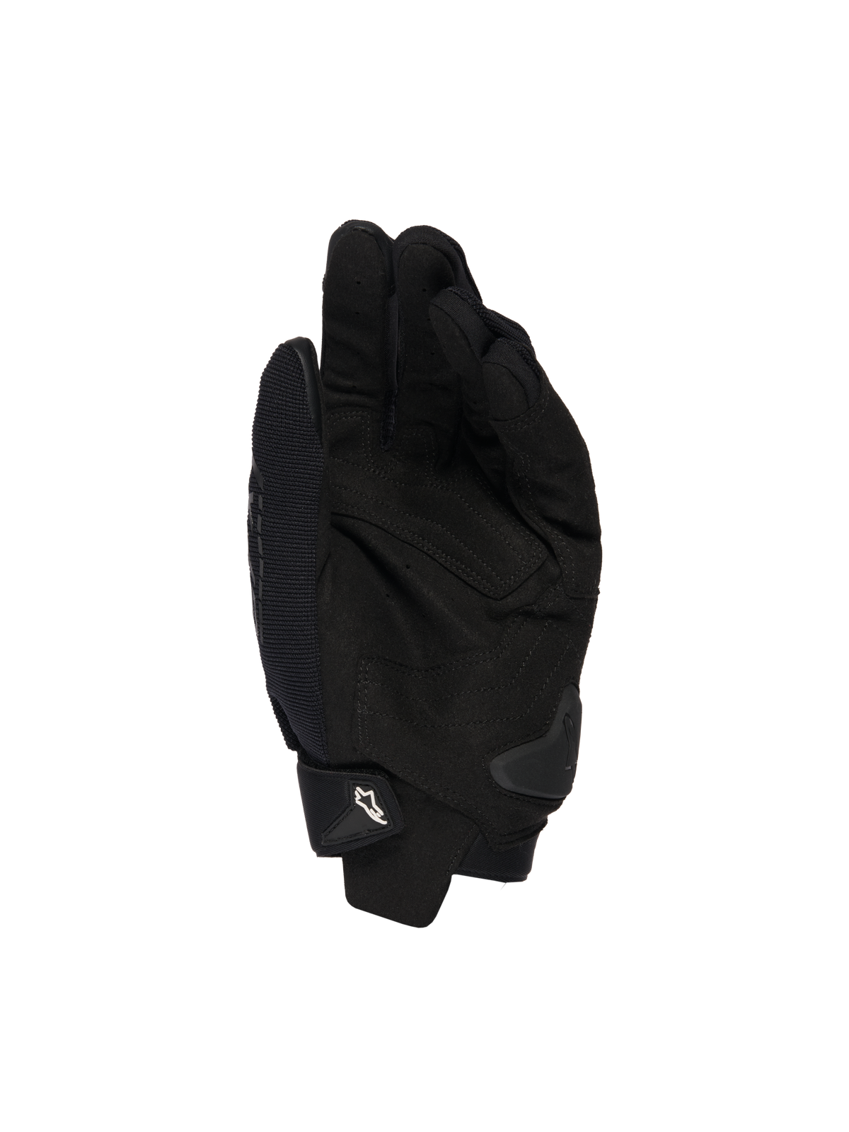 Guantes Alpinestars SP X 1, negros, vista de la palma que muestra la confección en cuero sintético para el agarre, deslizador de palma TPR para protección contra impactos y puño ajustable con el logotipo de Alpinestars en blanco, equipamiento deportivo para moto