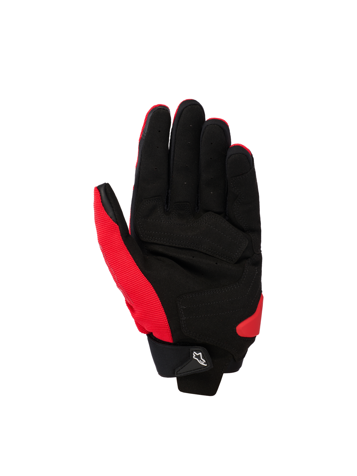 Guantes Alpinestars SP X 1, guantes de moto deportivos, rojo brillante y negro, vista de la palma que muestra la palma de cuero sintético con zonas reforzadas, tejido elástico rojo en el lateral y el pulgar, puño negro con una pequeña lengüeta con el logo Astars blanco y deslizador de palma de TPR rojo