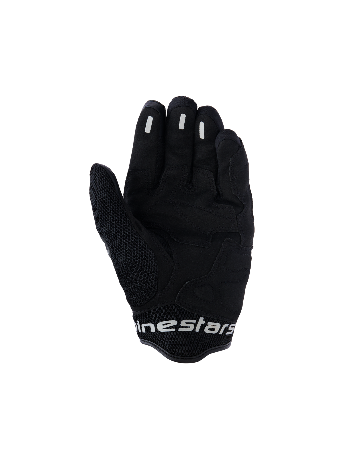 Guantes Alpinestars Mogress Airflow, guantes de moto urbanos, Negro Antracita, vista de la palma con refuerzos sintéticos y zonas de malla 3D, inserciones de silicona para agarre en los dedos, puño corto con logotipo en blanco