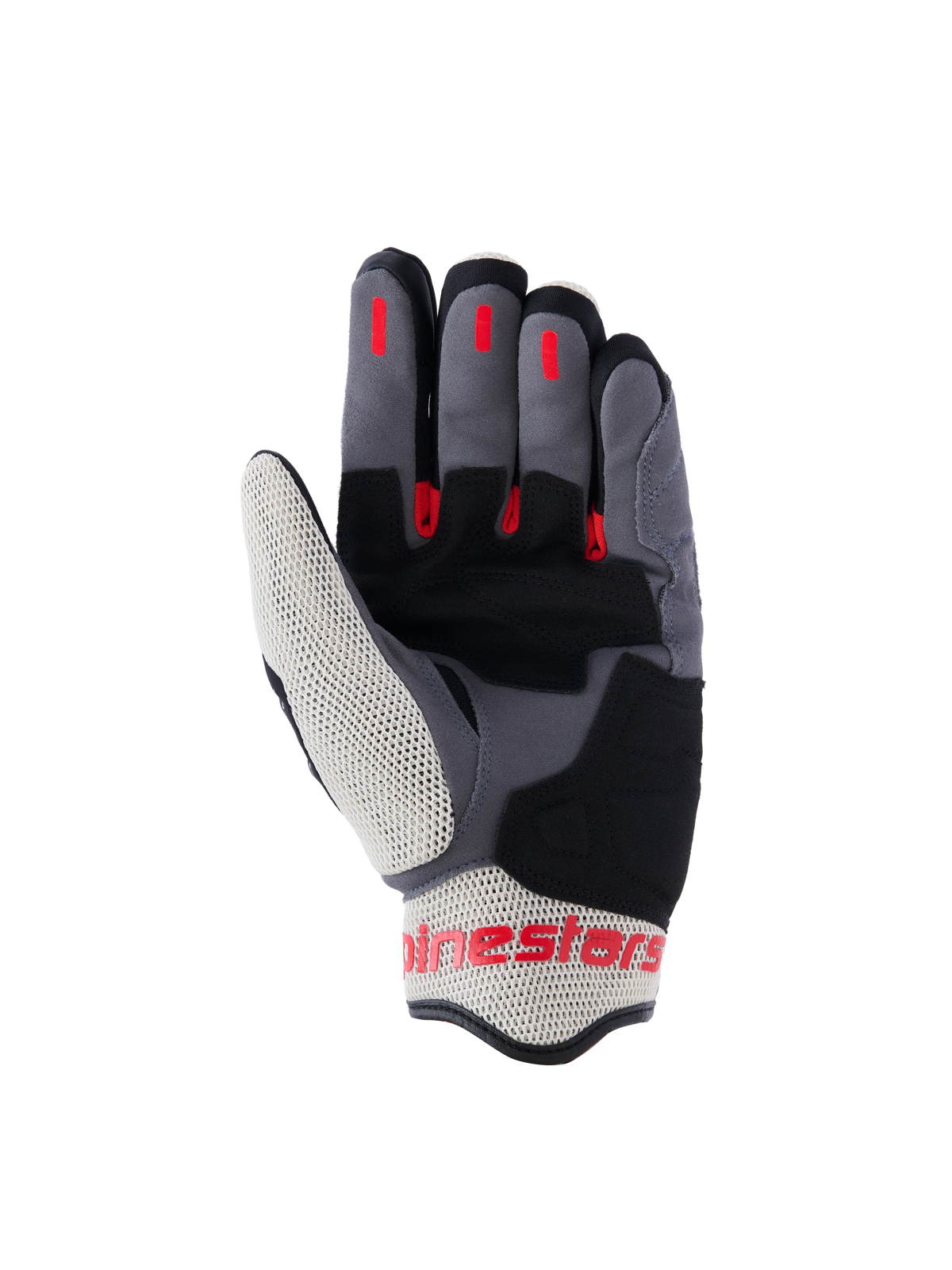 Guantes Alpinestars Mogress Airflow, guantes de moto urbanos, negro, rojo llama y crudo, vista de la palma con refuerzos de ante sintético, inserciones de silicona roja para agarre en los dedos y paneles de malla transpirable en el pulgar y el puño.