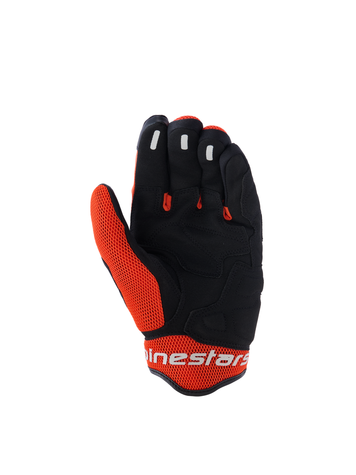 Guantes Alpinestars Mogress Airflow, guantes de moto, negro y mandarina, vista de la palma con construcción sintética negra e inserciones de malla naranja, agarre de silicona en las yemas de los dedos, logotipo de Alpinestars en blanco en el puño, diseño para conducción urbana en verano