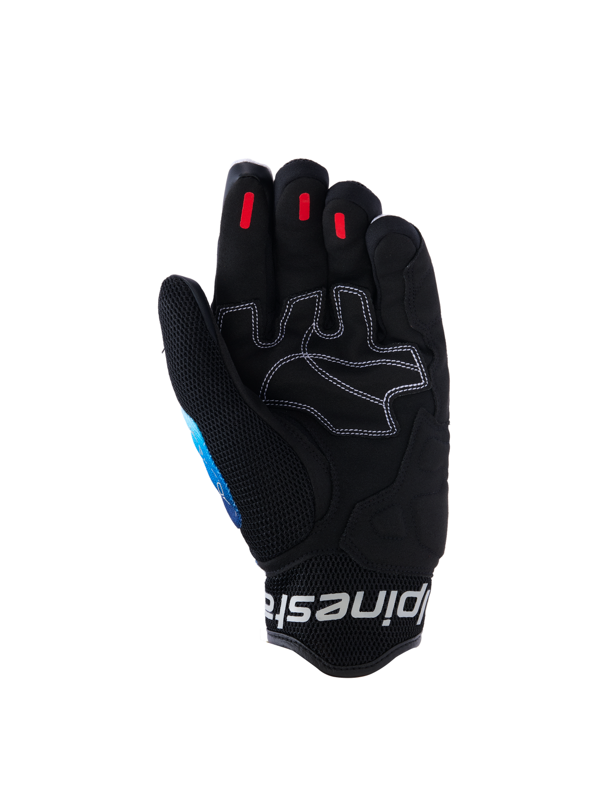 Guantes Alpinestars Mogress Airflow, guantes de moto urbanos, Fading Blue Black, vista de la palma con cuero sintético reforzado y costuras blancas en contraste, inserciones de agarre de silicona roja en las puntas de los dedos y puño de malla 3D negra con logotipo blanco.