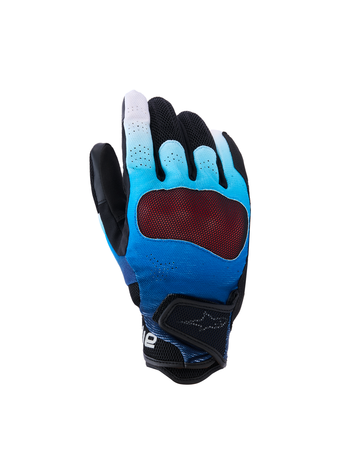 Guantes Alpinestars Mogress Airflow, guantes de moto, azul degradado y negro, con un protector de nudillos rojo translúcido, dorso perforado transpirable con paneles de malla 3D, puño corto con correa ajustable y diseño para conducción urbana