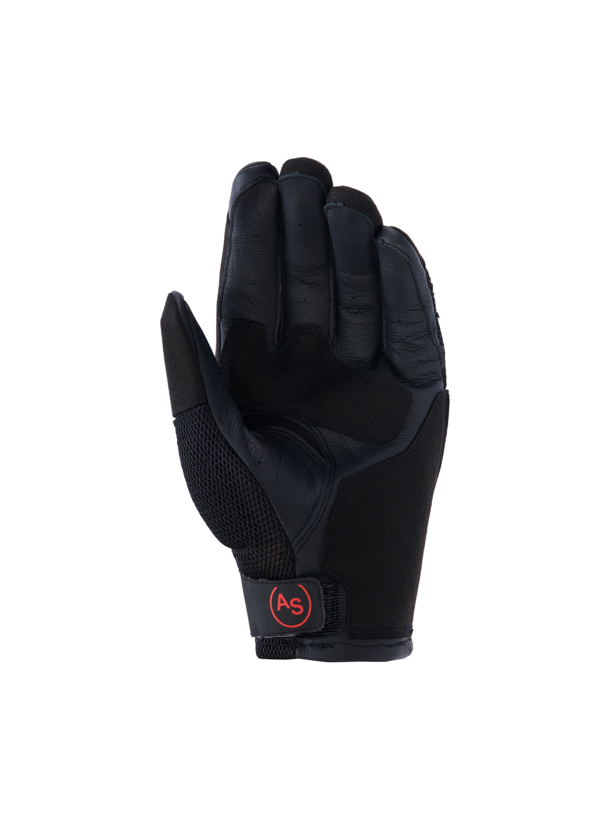 Guantes Alpinestars Manti Air, guantes de moto para aventura, negros, vista de la palma con cuero reforzado, malla transpirable en el pulgar y logotipo circular 'AS' en rojo en el cierre de la muñeca.