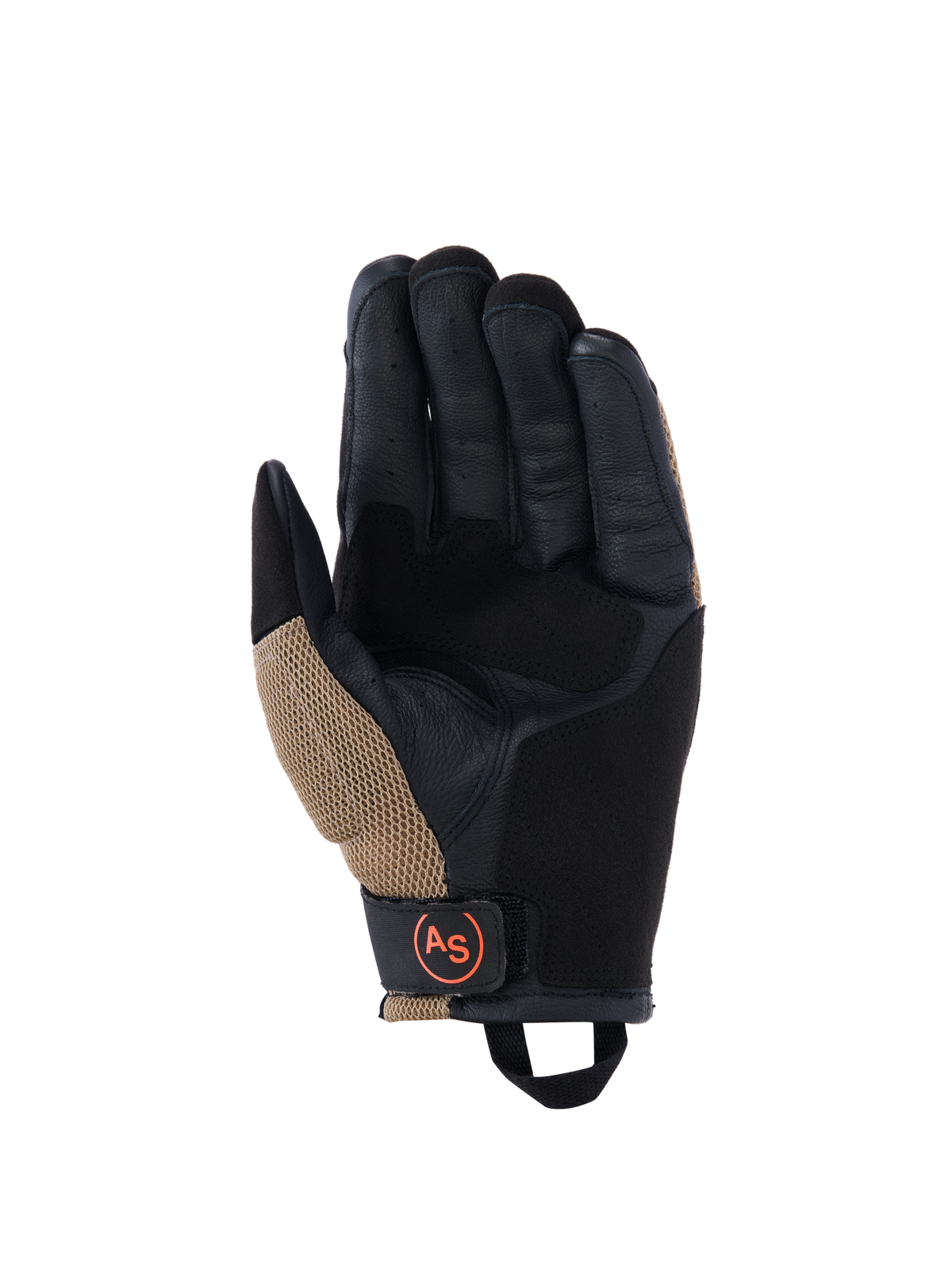 Guantes Alpinestars Manti Air, guantes de moto, caqui oscuro y negro con detalles en naranja flúor, vista de la palma con construcción de gamuza sintética, costuras externas, inserciones de malla transpirable y una correa de muñeca negra con un logotipo AS circular naranja.