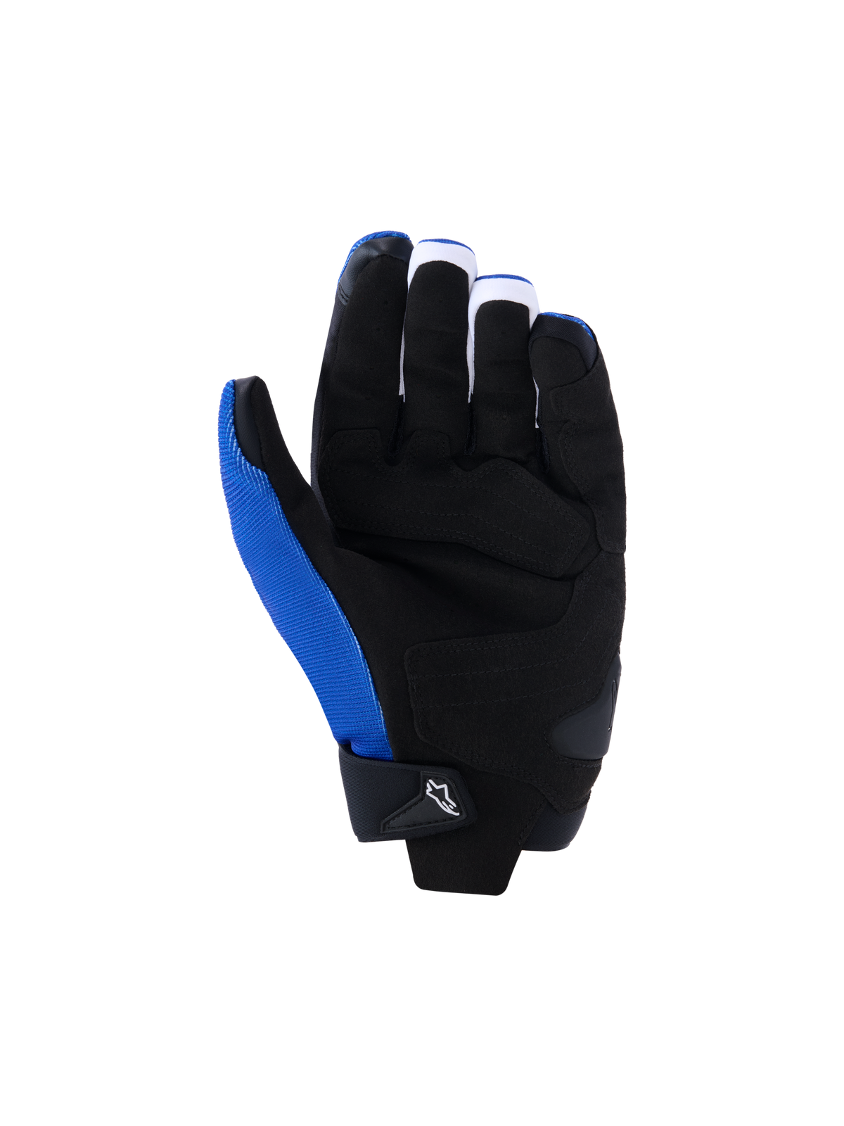 Guantes Alpinestars FQ20 SP X 1, guantes de moto, azul, negro y rojo flúor, vista de la palma con construcción de cuero sintético negro, paneles de agarre reforzados y zonas de impacto, tejido azul en el lado del pulgar, diseño deportivo de competición elegante