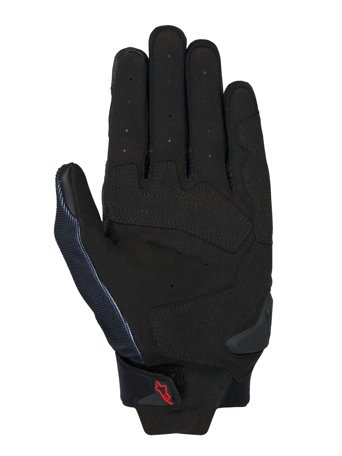 Guantes Alpinestars MM93 Spx 1, negros, vista de la palma que muestra la construcción de cuero sintético con zonas de impacto reforzadas, dedos perforados para ventilación, deslizador de palma TPR y un pequeño logotipo rojo de Alpinestars en la correa de la muñeca.
