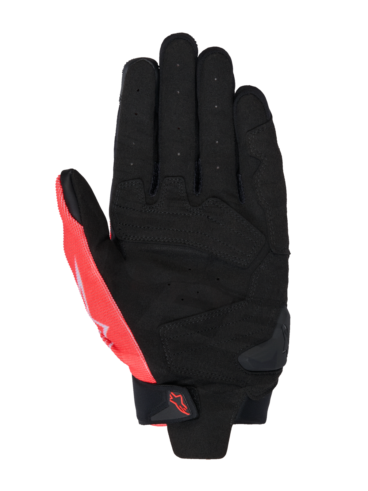 Guantes Alpinestars MM93 SP X 1, vista de la palma, negro y rojo flúor, construcción en cuero sintético con palma perforada, secciones reforzadas, deslizador de TPR en la palma y correa de velcro en la muñeca con el logo de Alpinestars.