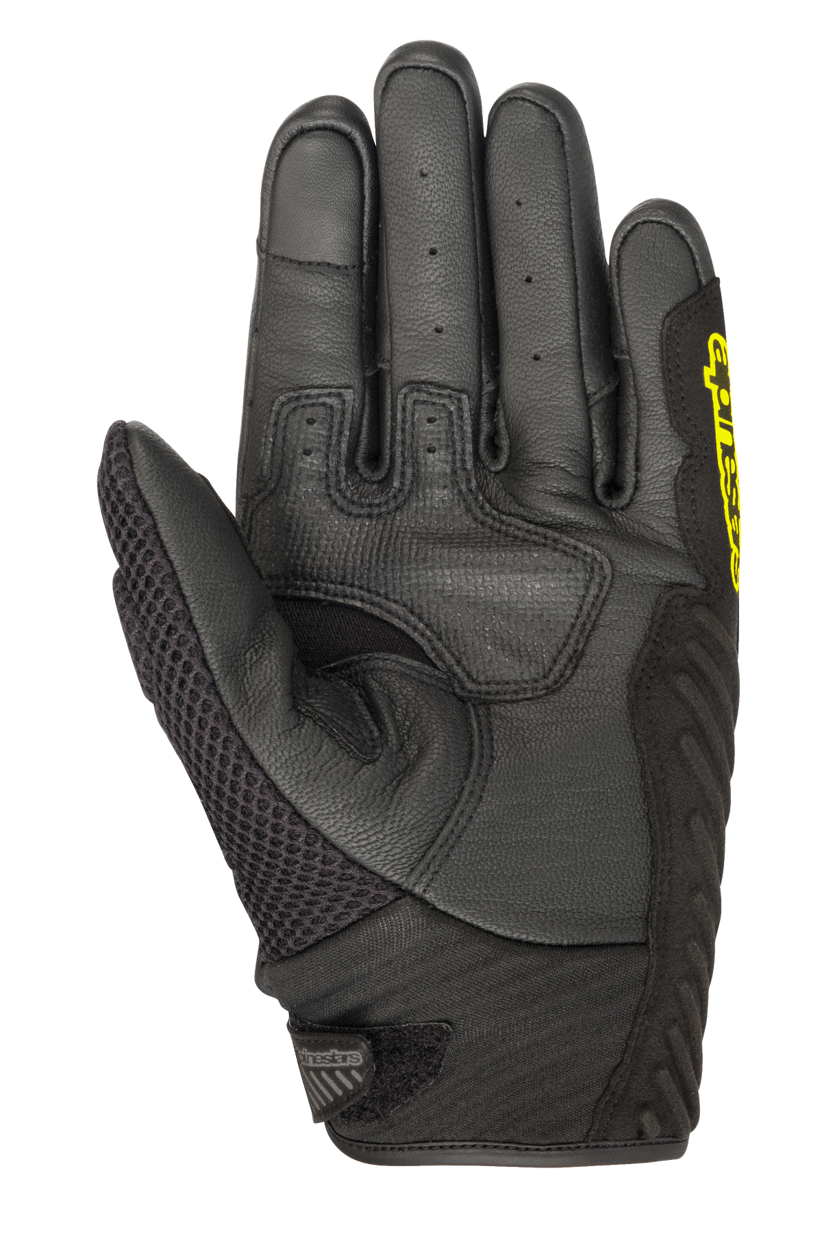Guantes Alpinestars SMX-1 Air V2, guantes de moto de puño corto, negro y amarillo flúor, vista de la palma con dedos de cuero perforado, panel de malla en el pulgar y zona de agarre reforzada, diseñados para la conducción en carretera en verano