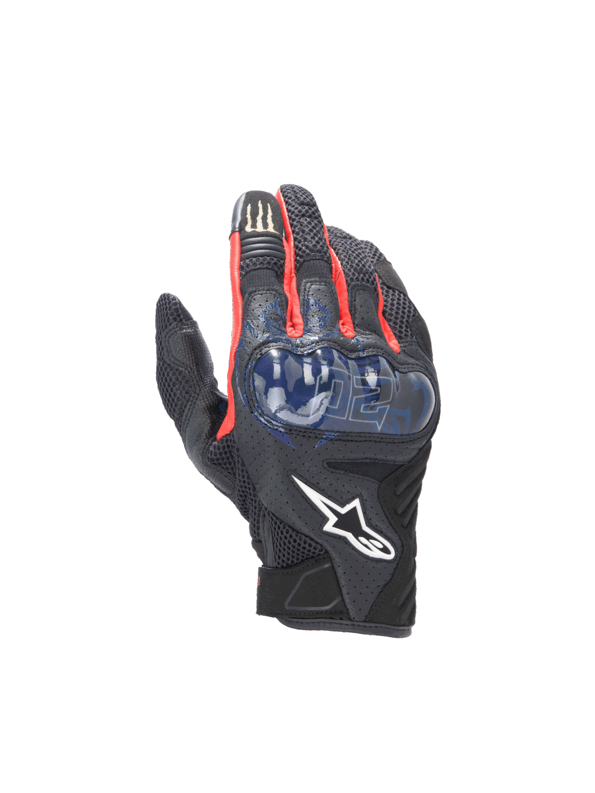 Guantes Alpinestars FQ20 SMX-1 Air V2 Monster, guantes de moto negros y azules con detalles rojos, protección rígida y malla.