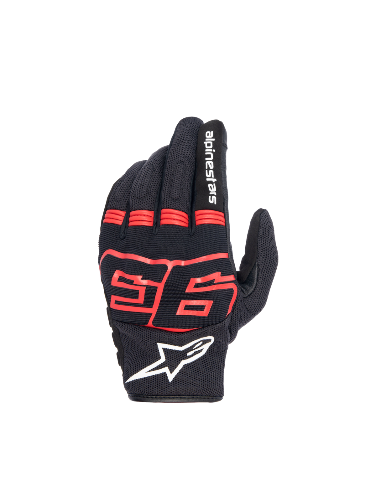 Alpinestars MM93 Losail V2 Gloves, Urban Motorcycle Gloves, Black and Red Fluo, textile with hard knuckle protection and Marc Marquez 93 logo.