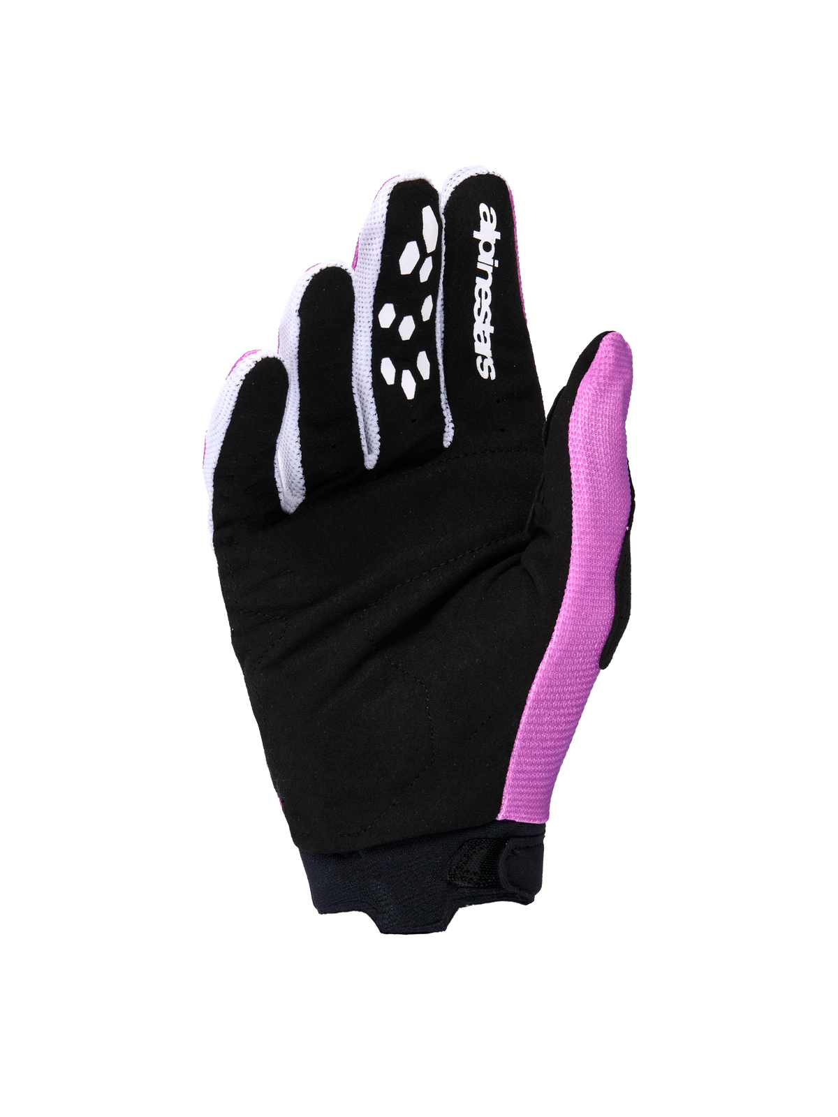Guantes Alpinestars 2026 Stella Full Bore V2 para mujer, vista de la palma en colores violeta, blanco y negro, con palma de ante sintético negro reforzado, logotipo Alpinestars blanco en el dedo índice y patrones de agarre de silicona, diseñados para motocross