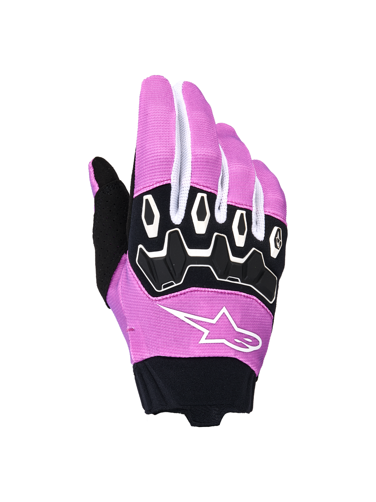 Guantes Alpinestars Stella Full Bore V2, guantes de motocross para mujer, violeta, blanco y negro, con protección ergonómica de TPR en los nudillos, logotipo de estrella Alpinestars blanco sobre tejido elástico violeta, puño de neopreno negro, equipo de competición de motocross off-road