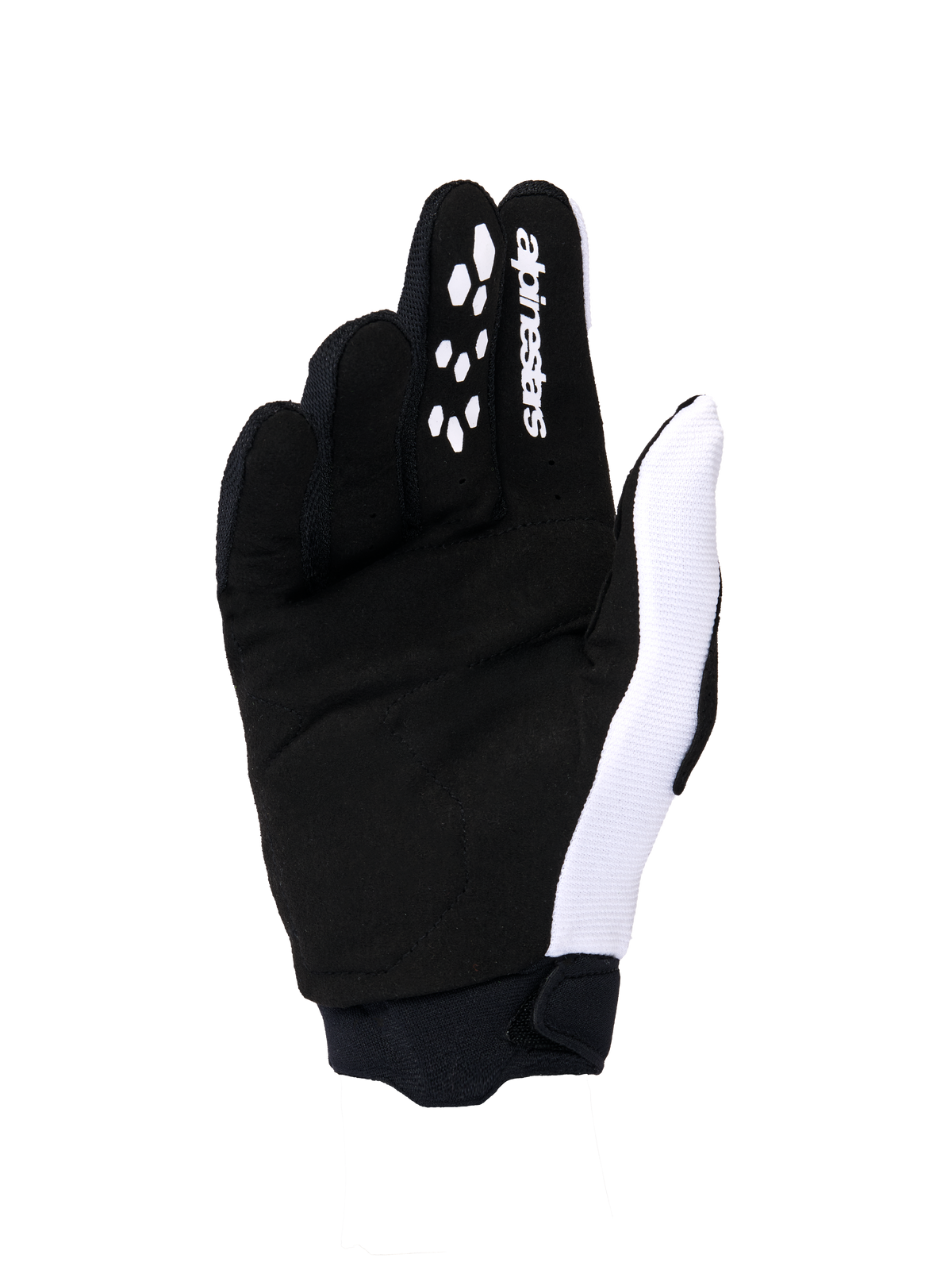 Alpinestars 2026 Woman Stella Full Bore V2 Gloves, Motocross Gloves, White and Black palm view, featuring synthetic suede construction, silicone grip patterns on fingers for lever control, white logo branding, and a secure neoprene cuff.