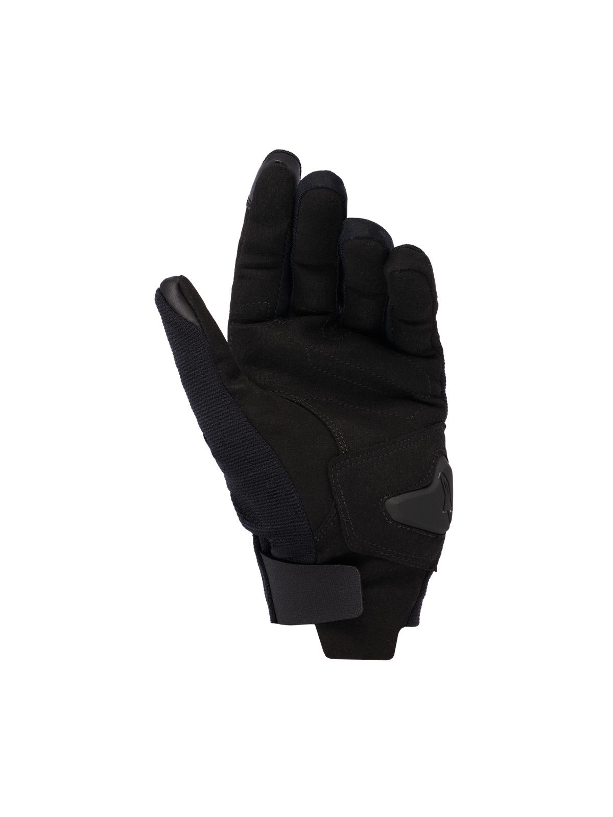 Guantes Alpinestars Reef V2 para mujer, negros, vista de la palma que muestra el material de gamuza sintética, refuerzo acolchado y correa de muñeca con cierre de gancho y bucle, guantes de moto urbanos de puño corto
