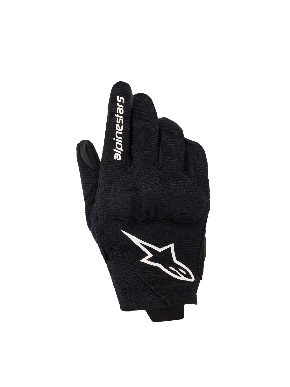 Guantes Alpinestars Reef Women's V2, guantes de moto para mujer, negros y blancos, de puño corto, dorso textil con protección de nudillos de TPU 3D, logo de estrella blanca y marca en el dedo índice
