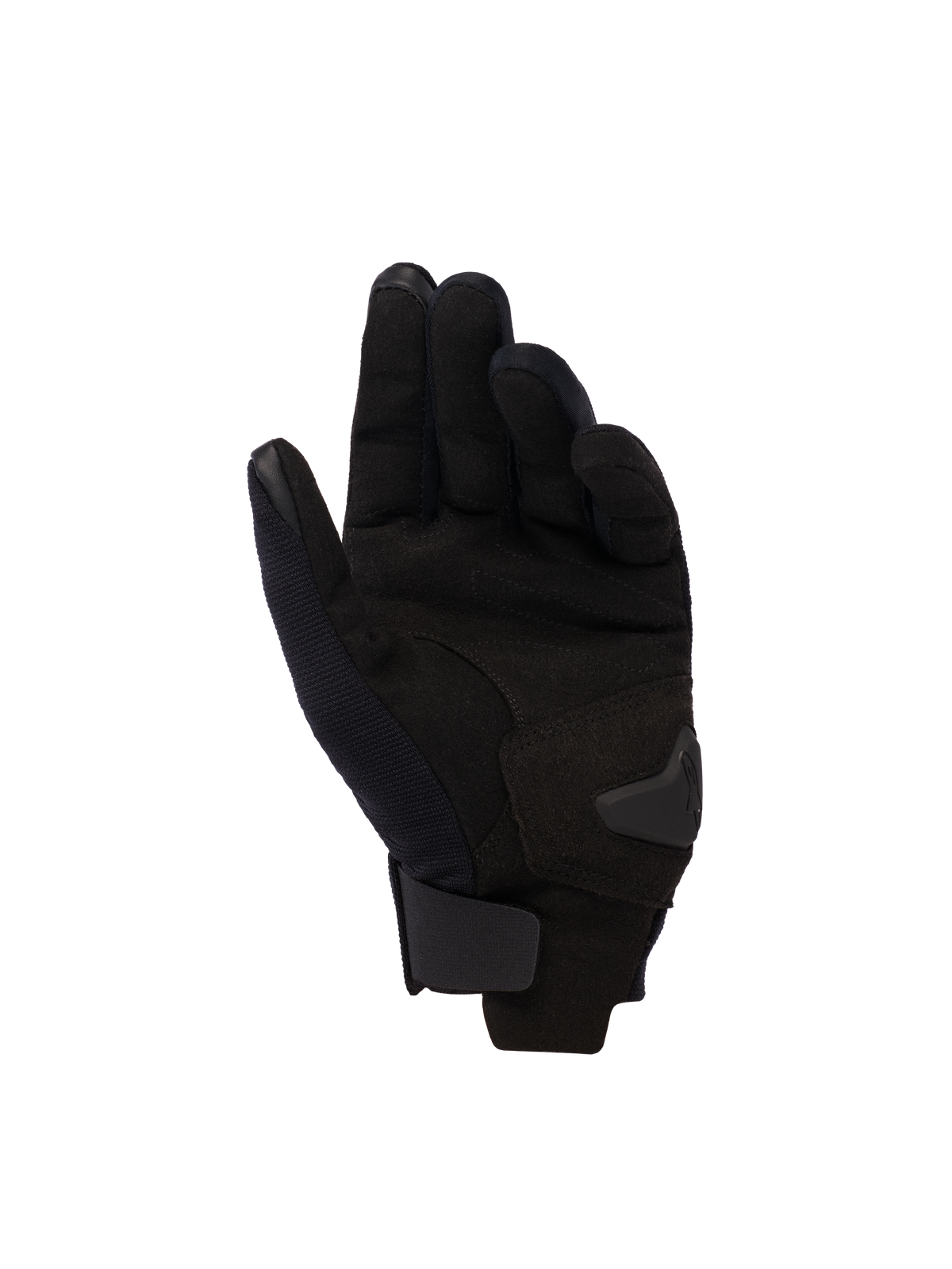 Guantes Alpinestars Reef Women's V2, vista de la palma, Black Hawaiian Ocean, guantes de moto para mujer de puño corto con palma de gamuza sintética, puntas de los dedos compatibles con pantallas táctiles y cierre de muñeca ajustable de gancho y bucle.