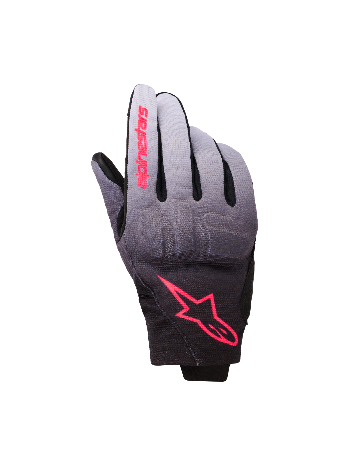 Guantes Alpinestars Reef Women's V2, guantes de moto para mujer, gris, negro y rosa fluorescente, textil con degradado de gris a negro y logotipos en rosa, protección de nudillos integrada y diseño de puño corto, equipamiento urbano contemporáneo para mujer