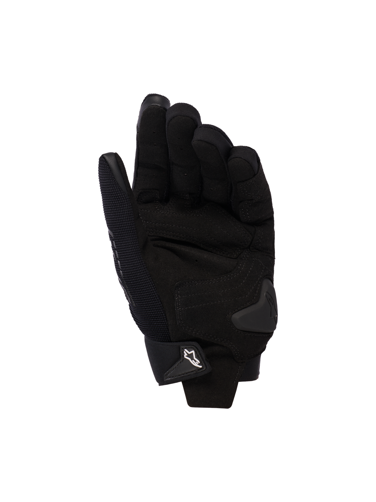 Guantes de moto para mujer Alpinestars Stella SP X 3, negros, vista de la palma con refuerzos de cuero sintético, deslizador de palma de TPU y cierre de muñeca ajustable con logotipo blanco.