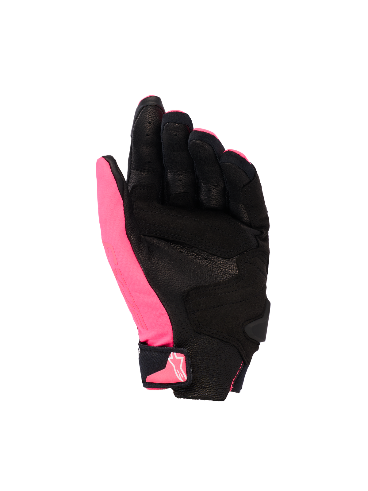 Guantes Alpinestars Stella SP X 3, guantes de moto para mujer, Diva Pink, negro y blanco, vista de la palma que muestra el cuero perforado y las capas sintéticas, palma negra con pulgar rosa, cierre de velcro en la muñeca con logo rosa, diseño deportivo ergonómico