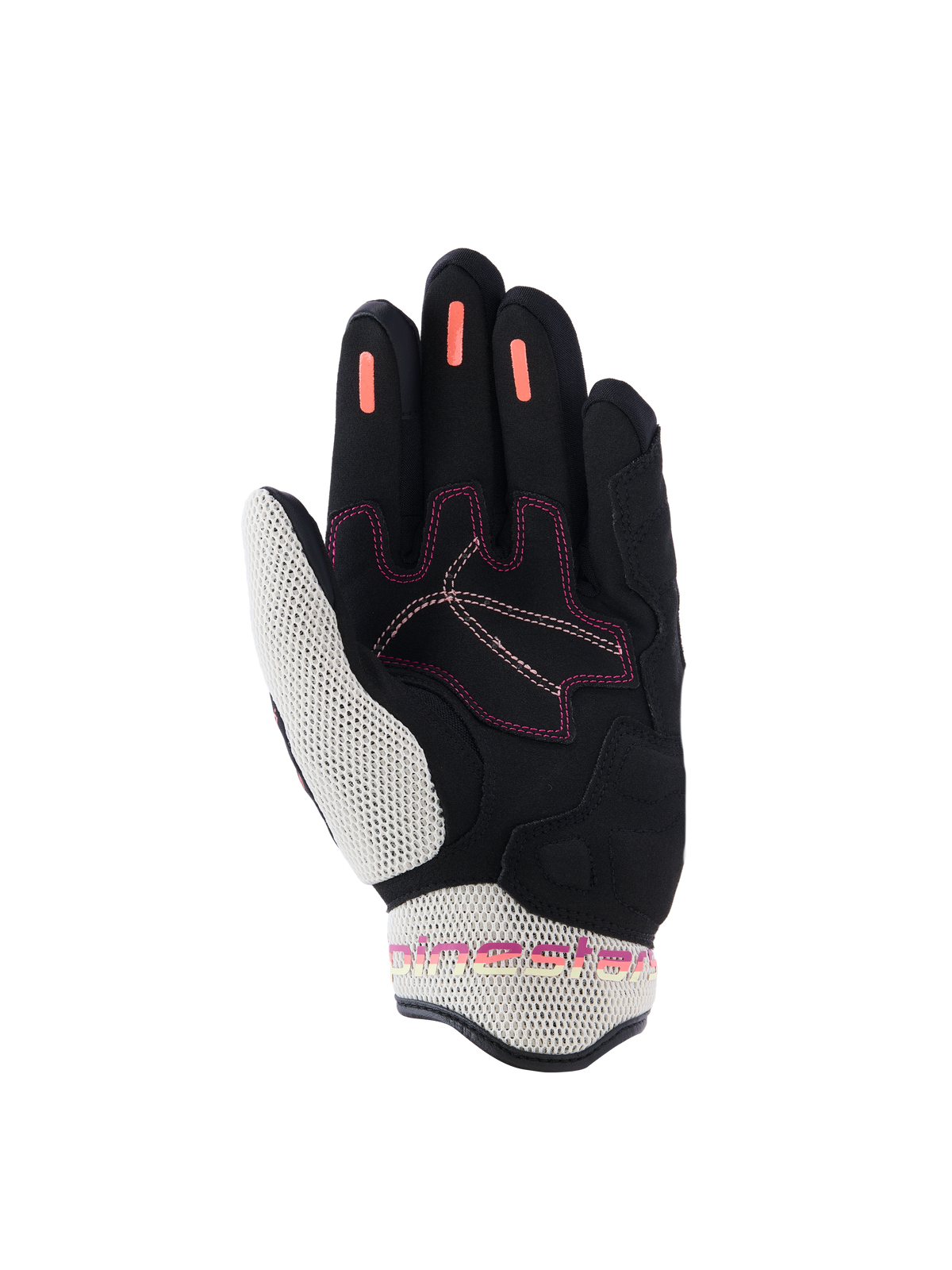 Guantes Alpinestars Stella Mogress Airflow para mujer, guantes de moto, negro, crudo y coral degradado, vista de la palma con malla 3D blanca en el pulgar y el puño, tiras de agarre de silicona coral en los dedos y detalles de costuras en rosa