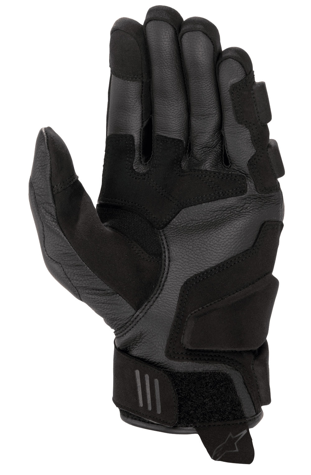 Guantes Alpinestars Stella Phenom Leather Air para mujer, negros, vista de la palma que muestra la construcción de cuero de cabra reforzado, zonas de aterrizaje acolchadas, inserciones elásticas ergonómicas y correa de velcro en la muñeca con lengüeta de tiro