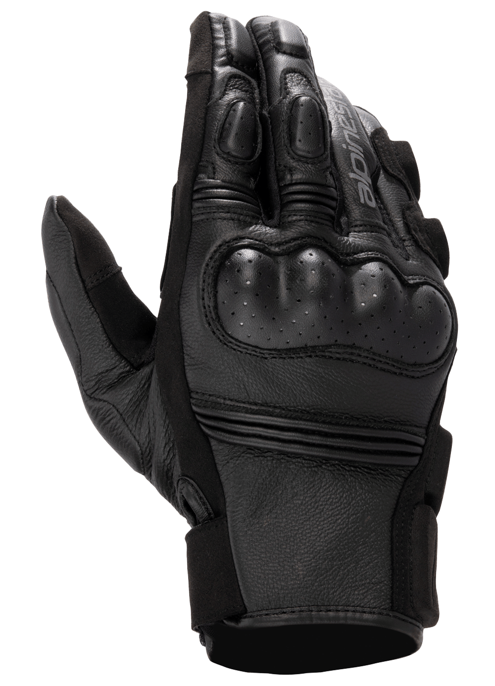 Alpinestars Stella Phenom Leather Air Glove, guantes de moto para mujer, negros, vista del dorso destacando la protección de nudillos dura y perforada, articulaciones de los dedos acolchadas y textura de cuero premium.