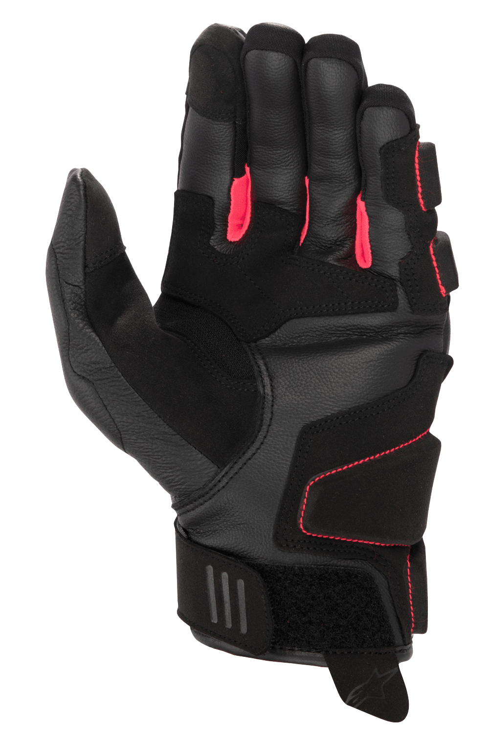 Alpinestars Stella Phenom Leather Air Glove para mujer, guantes de moto, negro y rosa diva, vista de la palma con construcción de cuero reforzado, fuelles de los dedos en rosa brillante y puño corto con cierre de velcro ajustable
