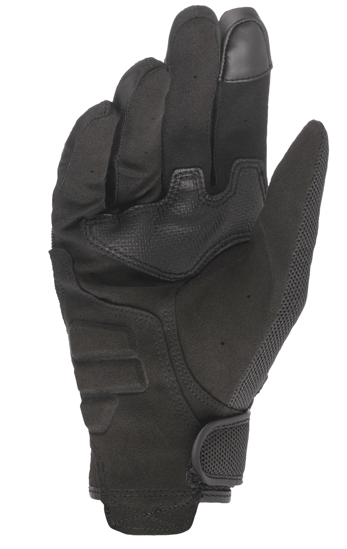 Guantes de moto Alpinestars Stella Copper para mujer, vista de la palma, color negro, con palma de gamuza sintética completa con parches de refuerzo, punta del dedo compatible con pantalla táctil y cierre de muñeca con gancho y bucle