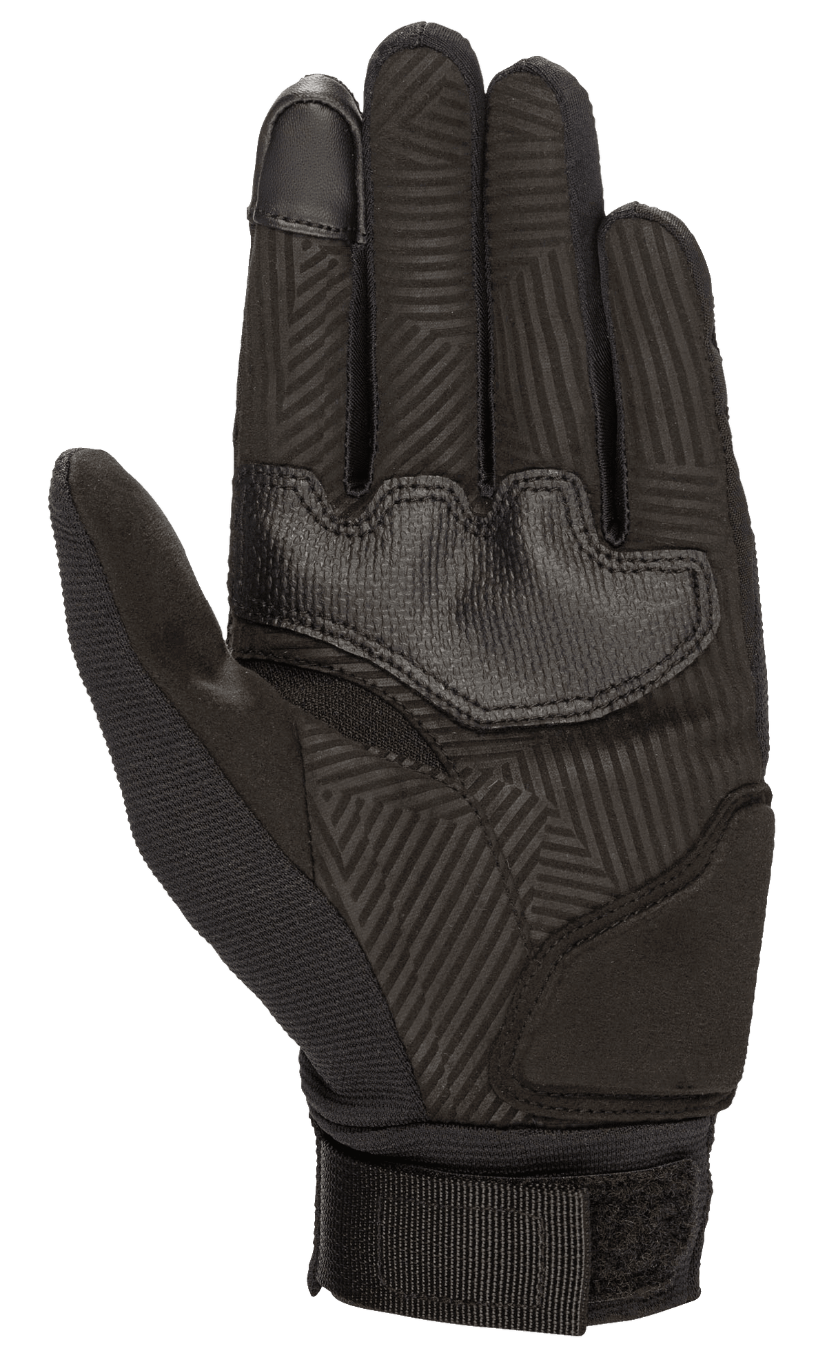 Guantes Alpinestars Stella Reef para mujer, guantes de moto, negros, vista de la palma con ante sintético y patrón de agarre geométrico, almohadillas reforzadas en la palma y correa de cincha ajustable en la muñeca para comodidad en la conducción urbana