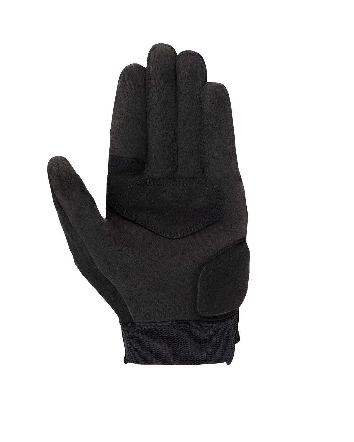 Guantes Alpinestars Stated para mujer, negros, vista de la palma que muestra el material de ante sintético, áreas reforzadas en la palma y el pulgar, puntas de los dedos compatibles con pantallas táctiles y puño elástico, equipamiento para conducción urbana en moto