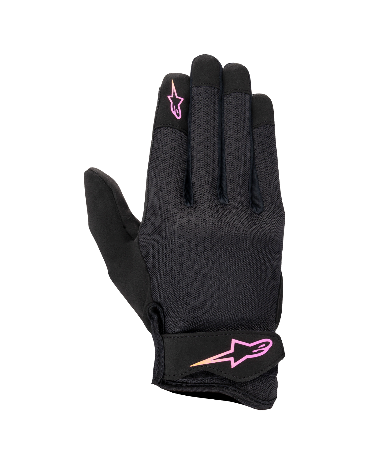 Alpinestars Stated para mujer, guantes de moto urbanos, negros con logo en degradado rosa y amarillo, dorso de airprene texturizado, cierre de velcro en la muñeca, equipamiento de verano ligero y transpirable