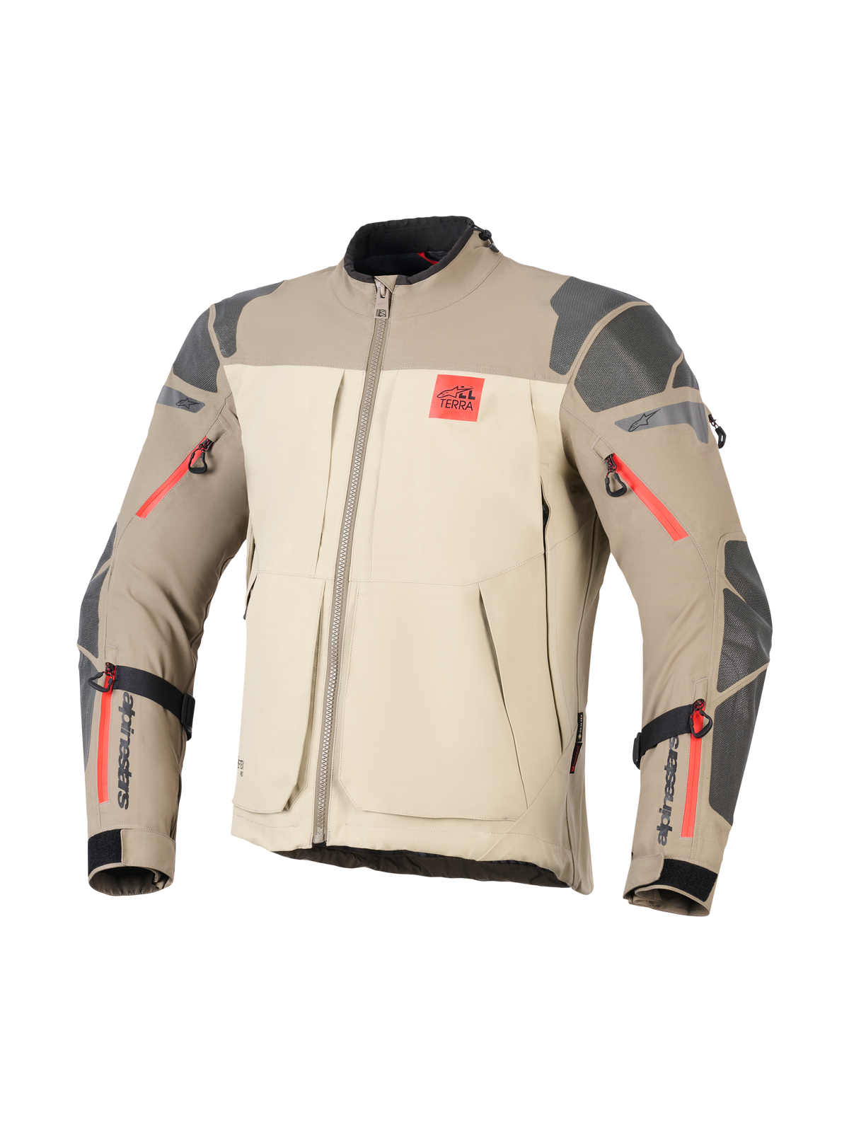 Alpinestars Nazca 3L GORE-TEX PRO Jacket, Walnut Rock Brown, Adventure Motorcycle Jacket, beige and light brown color blocking, grey textured reinforcements on shoulders and elbows, bright red zipper highlights, red 'ALL TERRA' logo on chest, black Alpinestars branding on forearms, durable textile construction