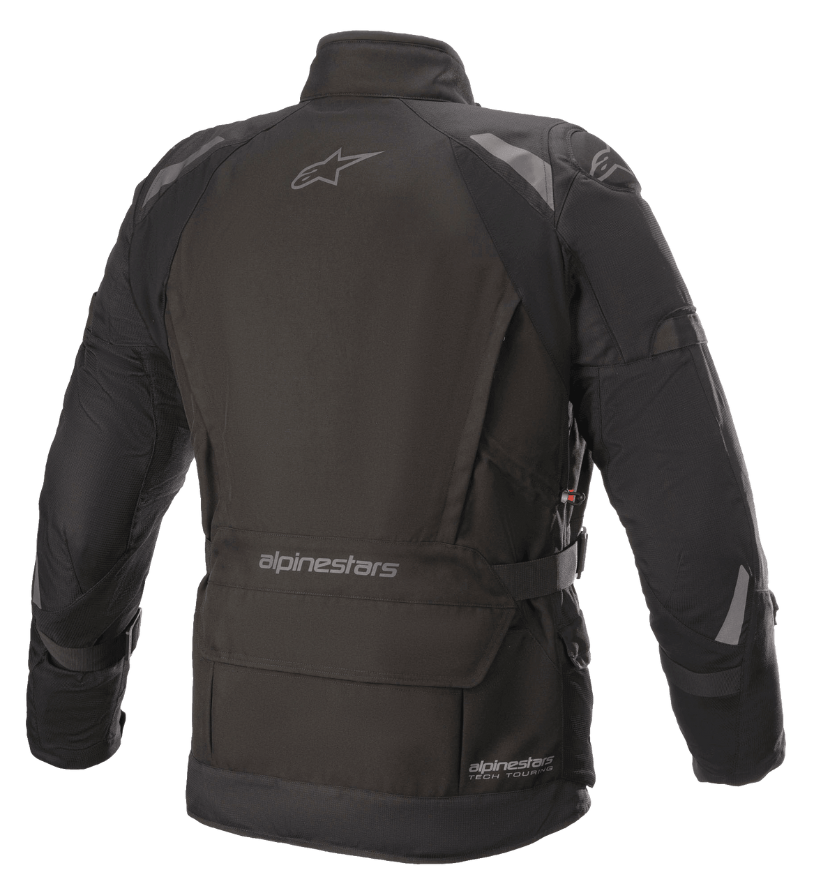 Chaqueta Alpinestars Ketchum GORE-TEX, chaqueta de moto, negro, vista trasera con un corte touring alargado, detalles reflectantes en los hombros y los brazos, con logotipos de Alpinestars en la parte superior de la espalda y en la zona inferior de la cintura.
