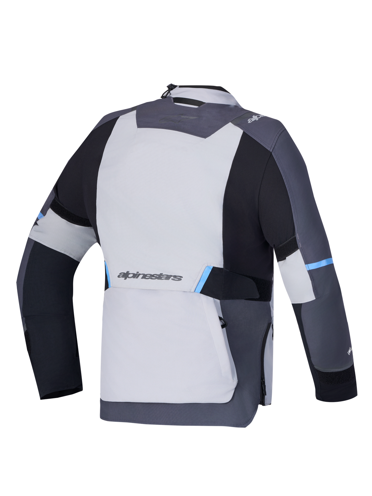 Alpinestars Stella ST-7 V2 2L GORE-TEX Jacket, women's adventure touring motorcycle jacket in mid gray, deep gray, and black, rear view showing waterproof textile construction and Alpinestars branding
