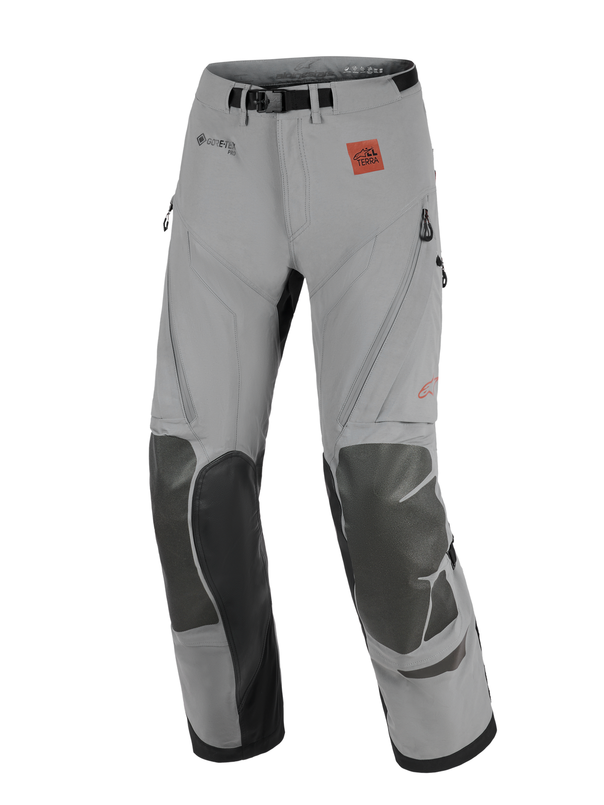 Pantalones Alpinestars Nazca 3L GORE-TEX PRO, pantalones de moto de aventura, gris oscuro y negro, con paneles reforzados en las rodillas, logotipos de GORE-TEX PRO y All Terra, diseño técnico para off-road y touring