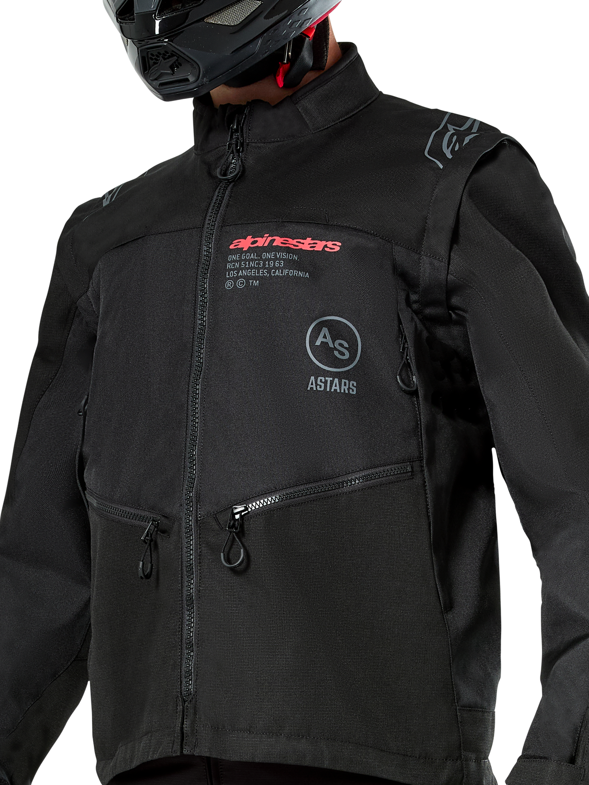 Alpinestars Pro-Dura Jacket, Black off-road motorcycle jacket featuring red Alpinestars branding and a gray circular Astars logo on the chest, zippered hand pockets, and durable ripstop textile construction, rally-inspired design for enduro riding.