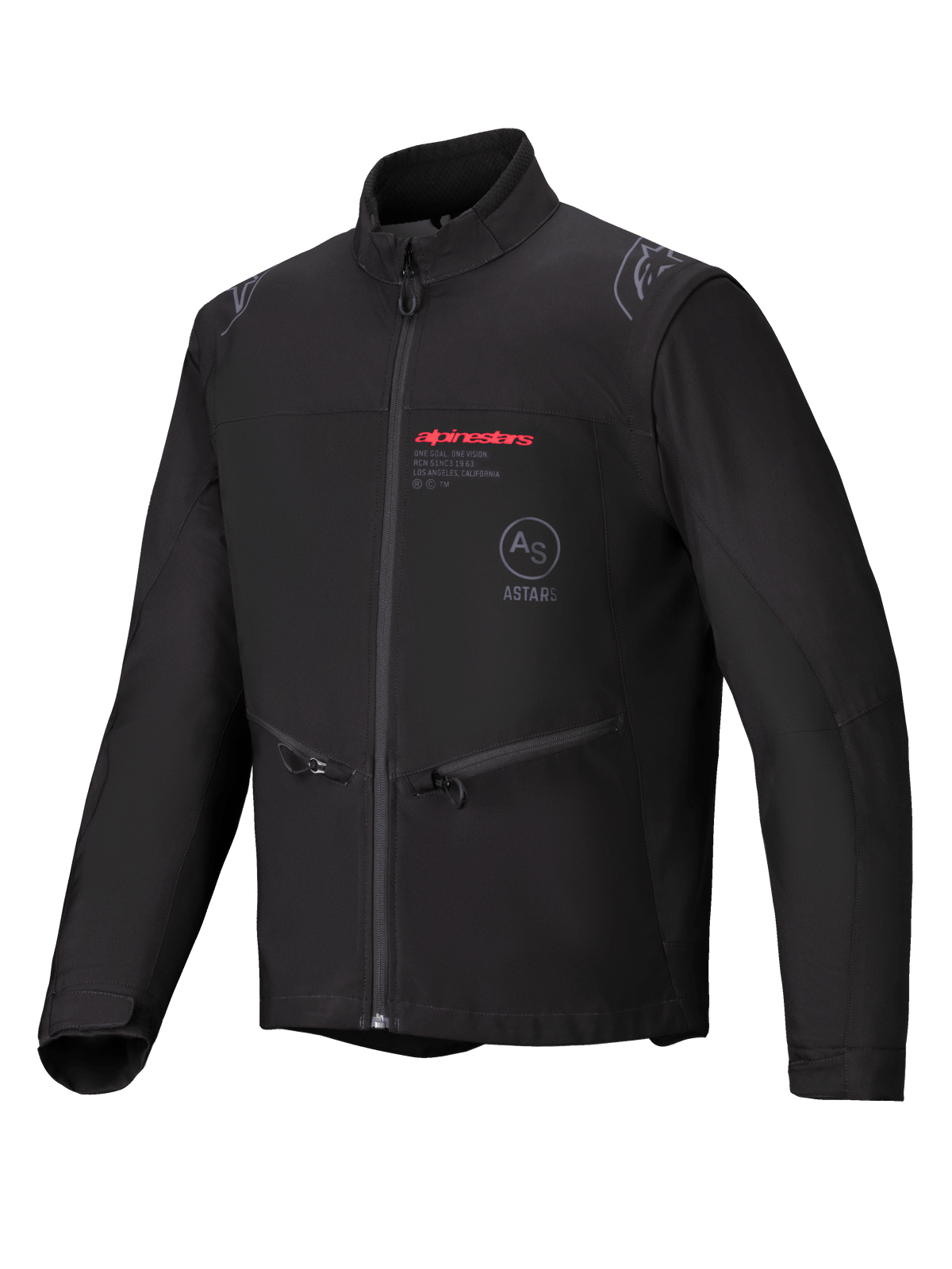 Chaqueta Softshell Alpinestars Lite-Dura, negra, chaqueta de motocross para enduro y off-road, con logotipo Alpinestars en rojo y logo AS ASTARS en el pecho, bolsillos laterales con cremallera y material softshell cortavientos